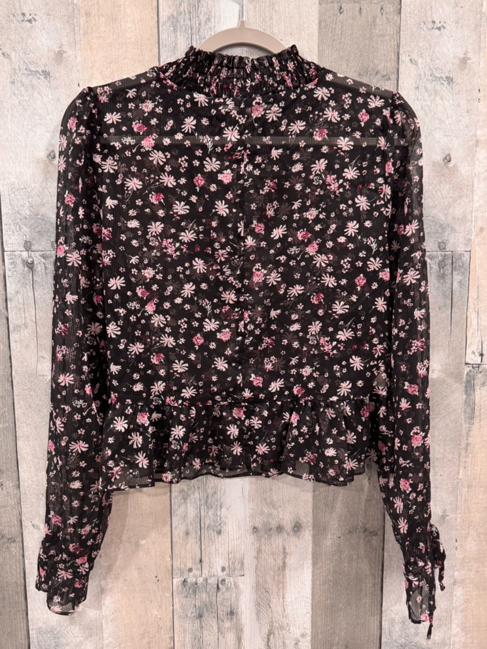 BCBGeneration Black Sheer Floral Ruffle Neck Blouse Sz. M - Picture 7 of 10